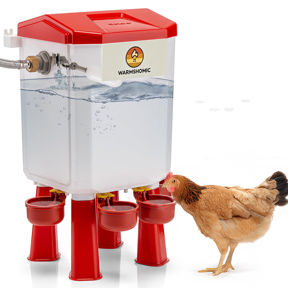 WARMSHOMIC front view of automatic chicken waterer showing cups and valve, easy refill benefit