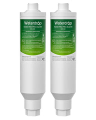 Waterdrop front view of inline garden hose filter showing compact durable body and easy connection benefit