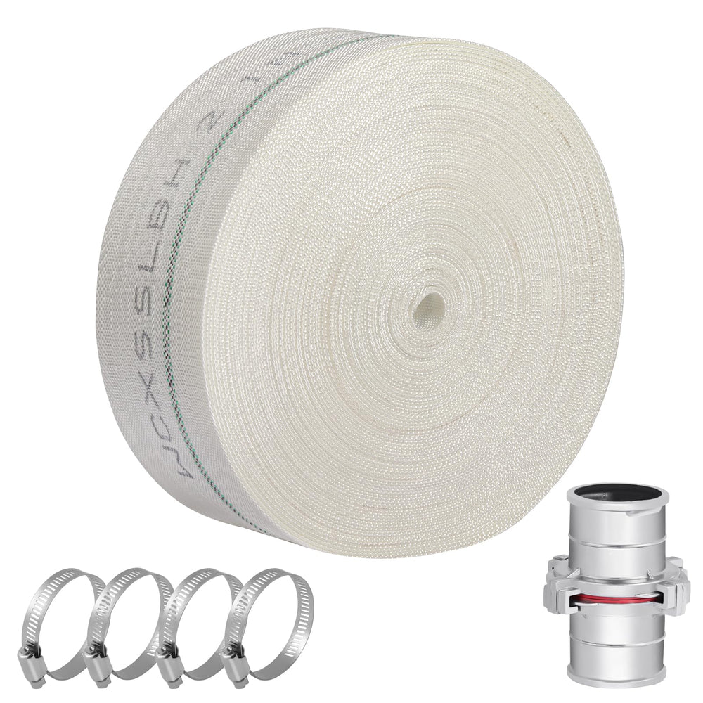 WCXSSLBH front view of packaged 2x100 ft pool backwash hose showing size and included parts