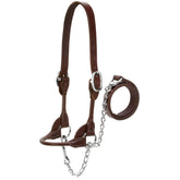 Weaver Livestock front view halter on table showing fit and included 36 inch lead for improved control