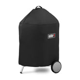 Weber front view of 22" black cover showing full protection and clean fit