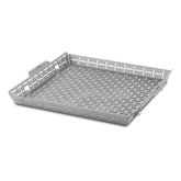 Weber roasting basket front view shows sturdy stainless steel and secure sides for safer roasting