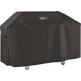Weber front view of premium black cover protecting Genesis 400 grill, preserves finish