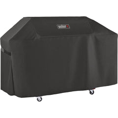 Weber front view of premium black cover protecting Genesis 400 grill, preserves finish