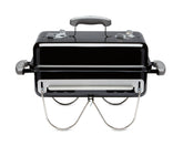 Weber front view of compact portable grill showing travel-ready design and convenience
