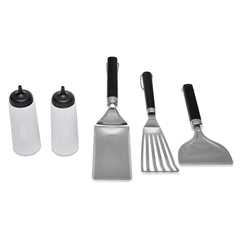 Weber griddle tool set front packaging showing five-piece kit and benefits