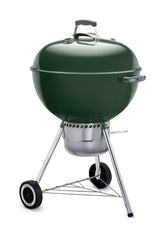 Weber front view of green kettle grill showing full profile and cooking area