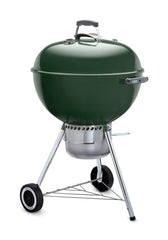 Weber front view of green kettle grill showing full profile and cooking area