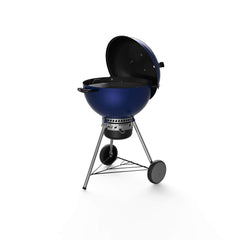 Weber Master-Touch hinged GBS cooking grate open for easy charcoal access and insert use