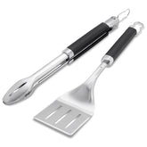 Weber precision tongs and spatula front view showing stainless steel durability and balance