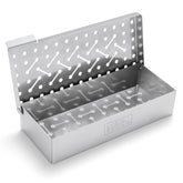 Weber smoker box front view showing compact stainless steel design and easy placement