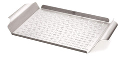 Weber grill pan front view showing durable stainless steel and handles for secure grilling