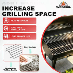 WEBROIL warming rack next to tape measure to show the 24.9 inch length accurately