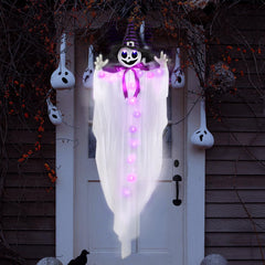 WeDoSoy front view of hanging witch ghost showing full 55-inch height and impact