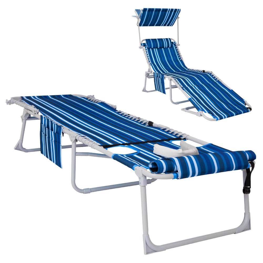 WEJOY front view of blue-white tanning chair showing full lounge and canopy for comfort