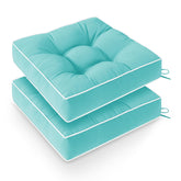 Wellsin front view of two teal cushions showing neat tufting and color retention