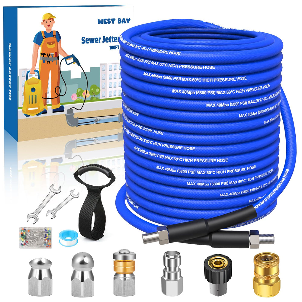 West Bay front packaging showing complete sewer jetter kit and benefits