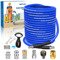West Bay front packaging showing complete sewer jetter kit and benefits