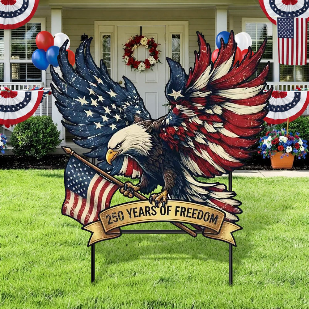 Weysat front view of eagle yard sign showing bold patriotic design and visibility
