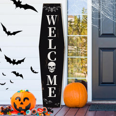 Weysat coffin-shaped porch sign front view adds spooky curb appeal