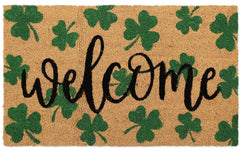 Whaline coir front view showing shamrock welcome design and durable scraping surface benefit