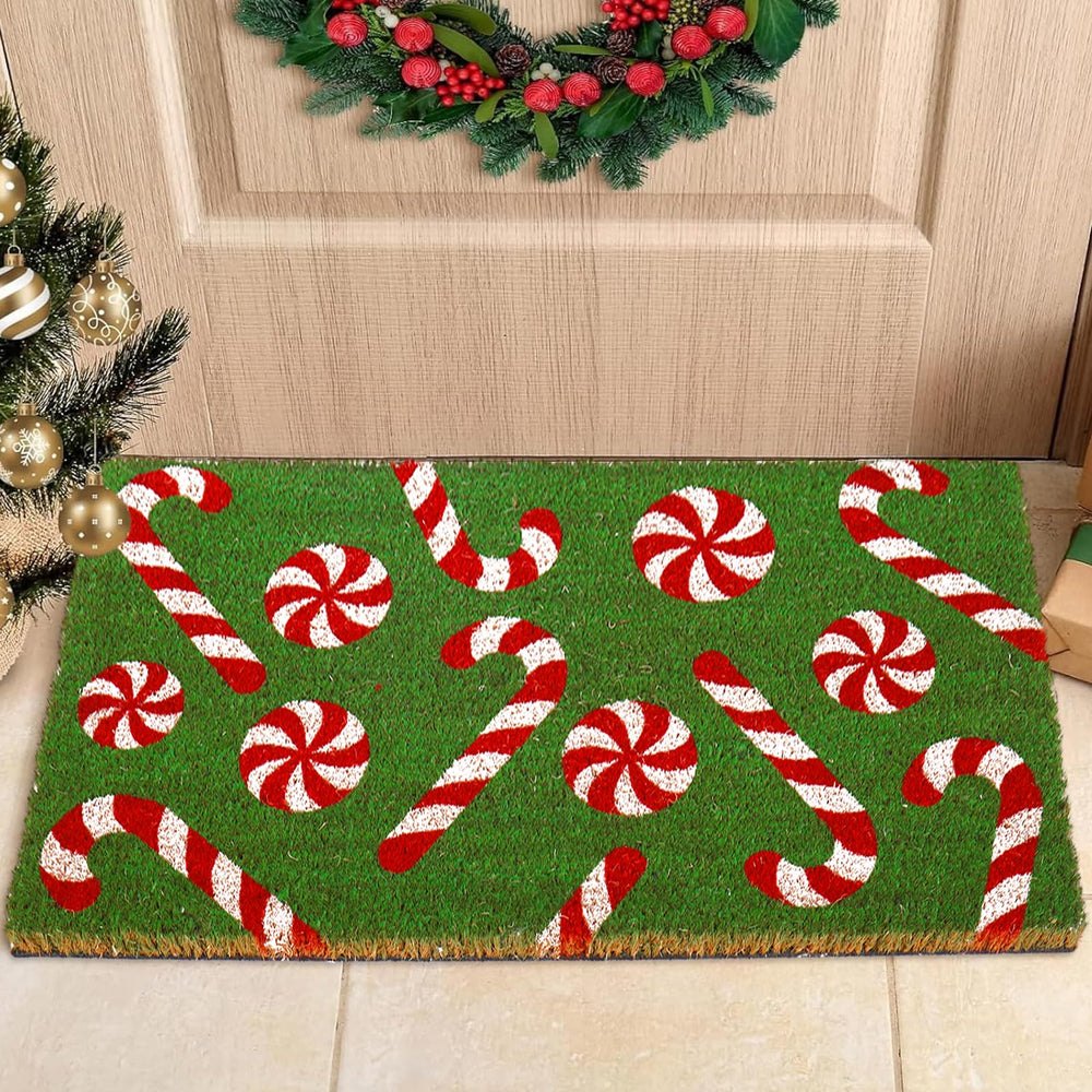 Whaline doormat front view with candy cane design offering festive entry appeal
