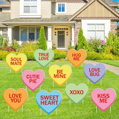 Whaline front view of 10 conversation-heart yard signs showing colors and messages for curb appeal