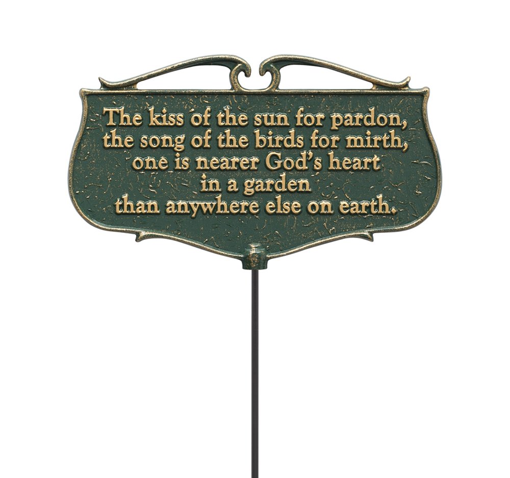 Whitehall front view of green and gold plaque showing poem, adds charm