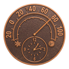 Whitehall Solstice clock front view showing antique copper finish and dual time-temperature function