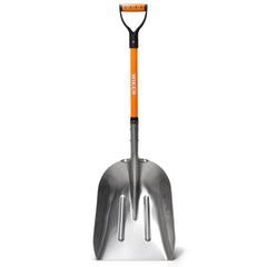 WIKER front view of aluminum shovel showing large scoop and profile, durable utility