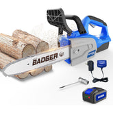 Wild Badger Power front view showing whole cordless chainsaw and ergonomic grip benefit