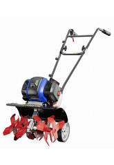 Wild Badger Power front view showing compact tiller and 15-inch cutting width benefit