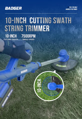 Wild Badger Power trimmer head closeup highlighting automatic line feed for uninterrupted cutting