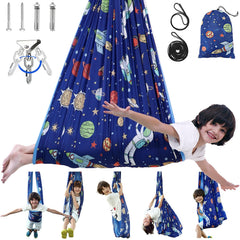 WILDKEN front view of sensory swing showcasing cartoon fabric and design benefit