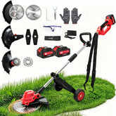 WILIBUT front view of cordless weed wacker showing ergonomic handle and wheel benefit