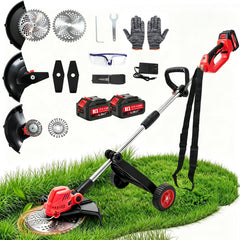 WILIBUT front view of cordless weed wacker showing ergonomic handle and wheel benefit