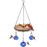 Wind Chimes phoenix tail blue front view showing three glass feeders and metal bath hanging attractively