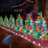 Windpnn front view of six solar tree stakes showing festive benefit