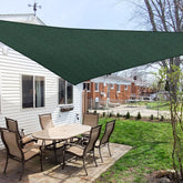 Windscreen4less front view of green triangle shade providing instant patio cover
