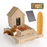 WISDOMRAINBOW front view of wooden feeder showing tray and camera, attracts wildlife