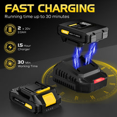 WOLFMEN two batteries with charger showing long runtime and quick swap