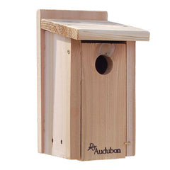 WoodLink Audubon cedar bluebird house front view showing natural finish and entrance hole, durable shelter