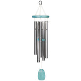 Woodstock Chimes Beachcomber front view showing green wood top and tubes for peaceful patio sound