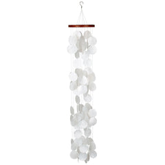Woodstock Chimes front view showing 40 inch white capiz waterfall, adds coastal charm