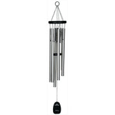Woodstock Chimes front view showing silver tubes and black finish, adds elegant garden sound