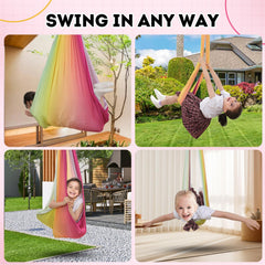 Woqiuke adult seated in the swing illustrating 300 lb capacity and supportive cocoon feel