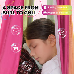 Woqiuke child using the sensory swing demonstrating calming rock motion and secure enclosure