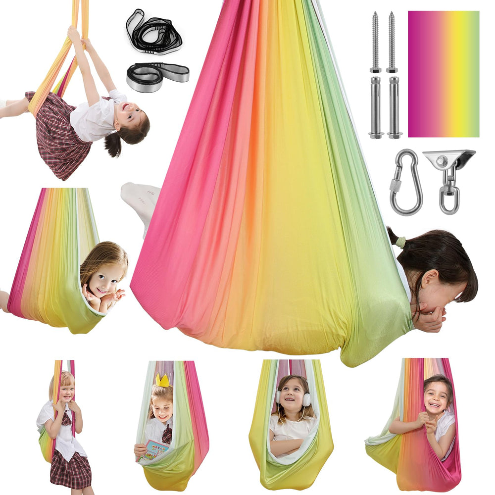 Woqiuke front view pink-yellow swing showing cocoon shape and bright colors for calming play