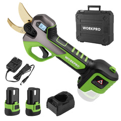 WORKPRO front view of 12V pruning shears showing compact cordless design and portability