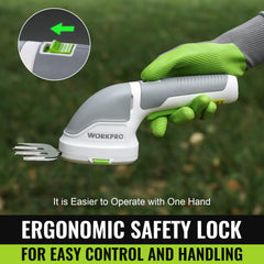 WORKPRO hedge blade close-up showing longer cutting length for small shrubs